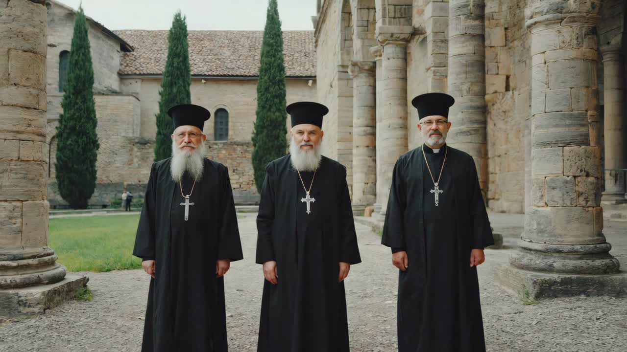 Three Orthodox Priests in Front of a Building