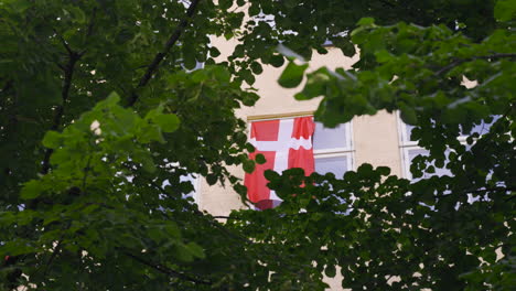 A-Danish-flag-hanging-outside-an-apartment-window-in-Copenhagen-surrounded-by-the-leaves-of-nearby-trees