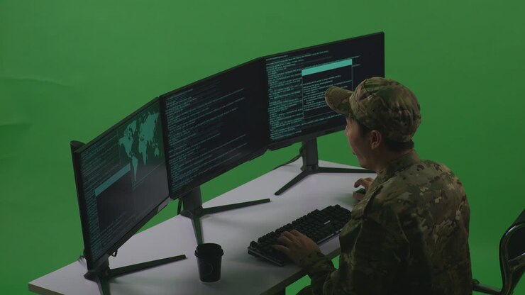 Side View Of Happy Asian Man Soldier Developer Celebrating While Write Code With Multiple Computer Screens In Green Screen Studio