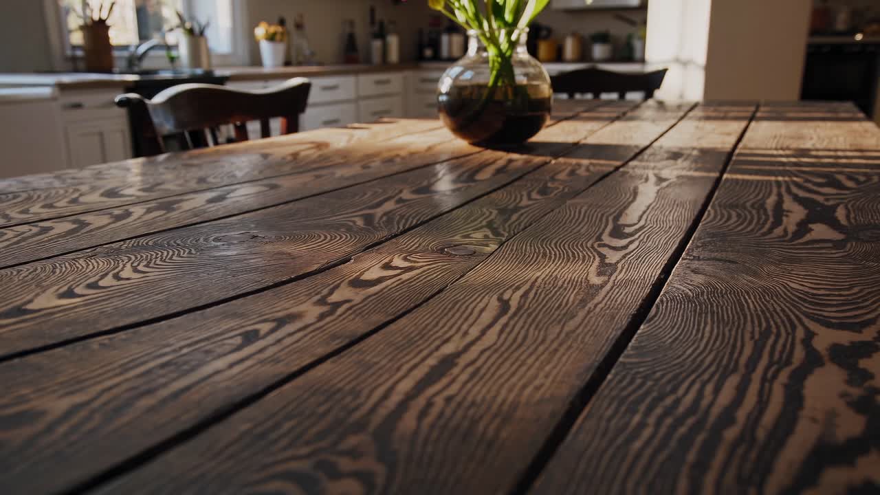 Warm, rustic kitchen table video shot from a low angle, highlighting wood grain texture with soft