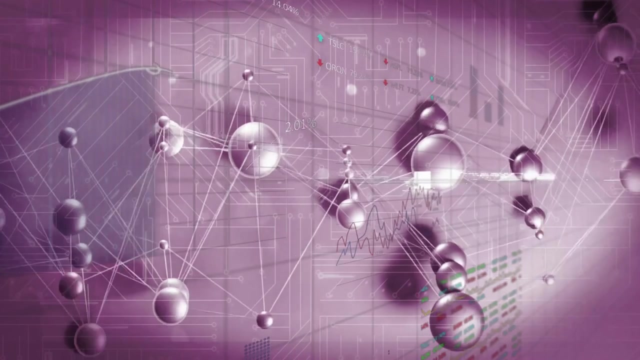 3D spheres floating and connecting in purple network, showing circuit traces and data charts