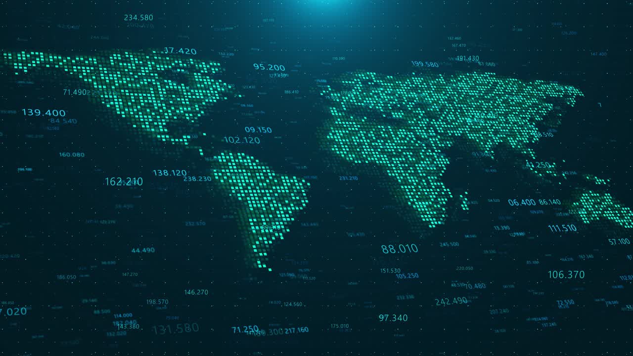 Futuristic animation digital grid world map coding data streams for technology themes data analysis
