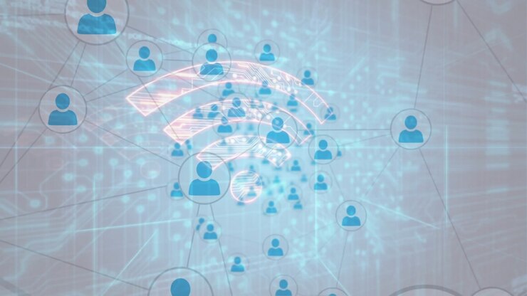 Opening blue user icons scattering linking inward with pulsing Wi-Fi arcs showing network link