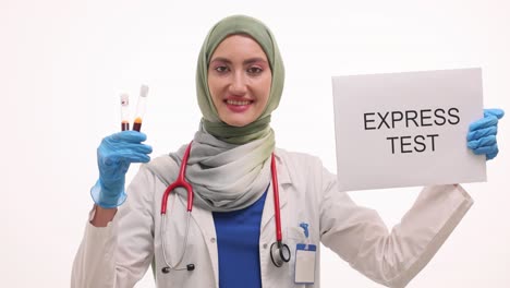 female doctor holding blood samples and 'express test' sign