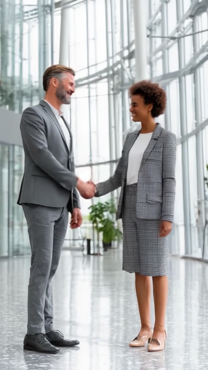 Partnership Commerciale Professionale: Due Colleghi Impegnati in una Stretta di Mano in un Moderno Ufficio con Vetrate, a Simboleggiare Collaborazione e Successo