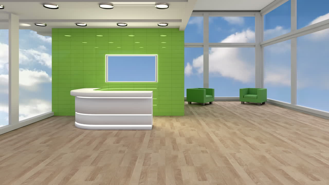 현대적인 전실과 파란 하늘과 구름을 가진 텔레비전 스크린