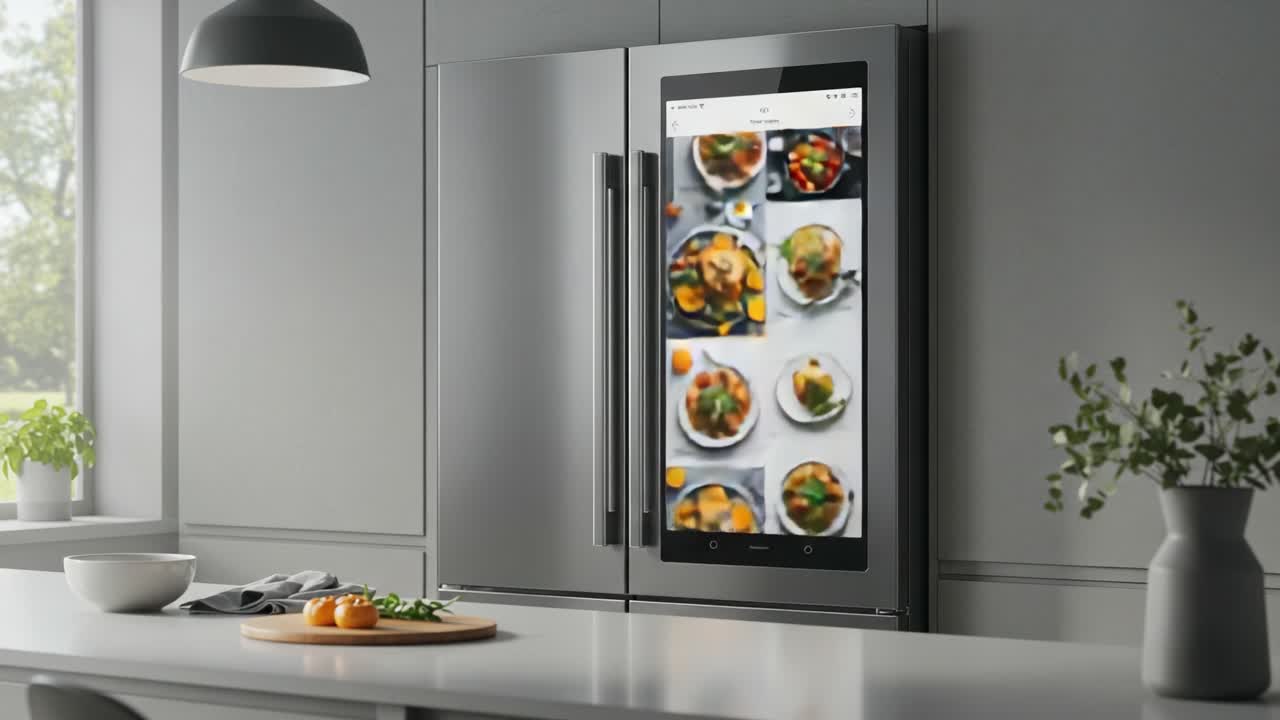 Smart Refrigerator Displaying a Variety of Culinary Dishes: A Modern Kitchen Appliance Showcasing Food Options through a Digital Interface for Meal Planning