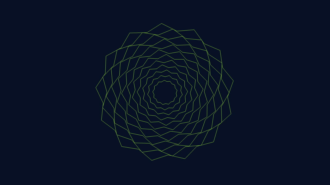 Green geometric pattern with circular shape woven from thin lines on a dark blue background