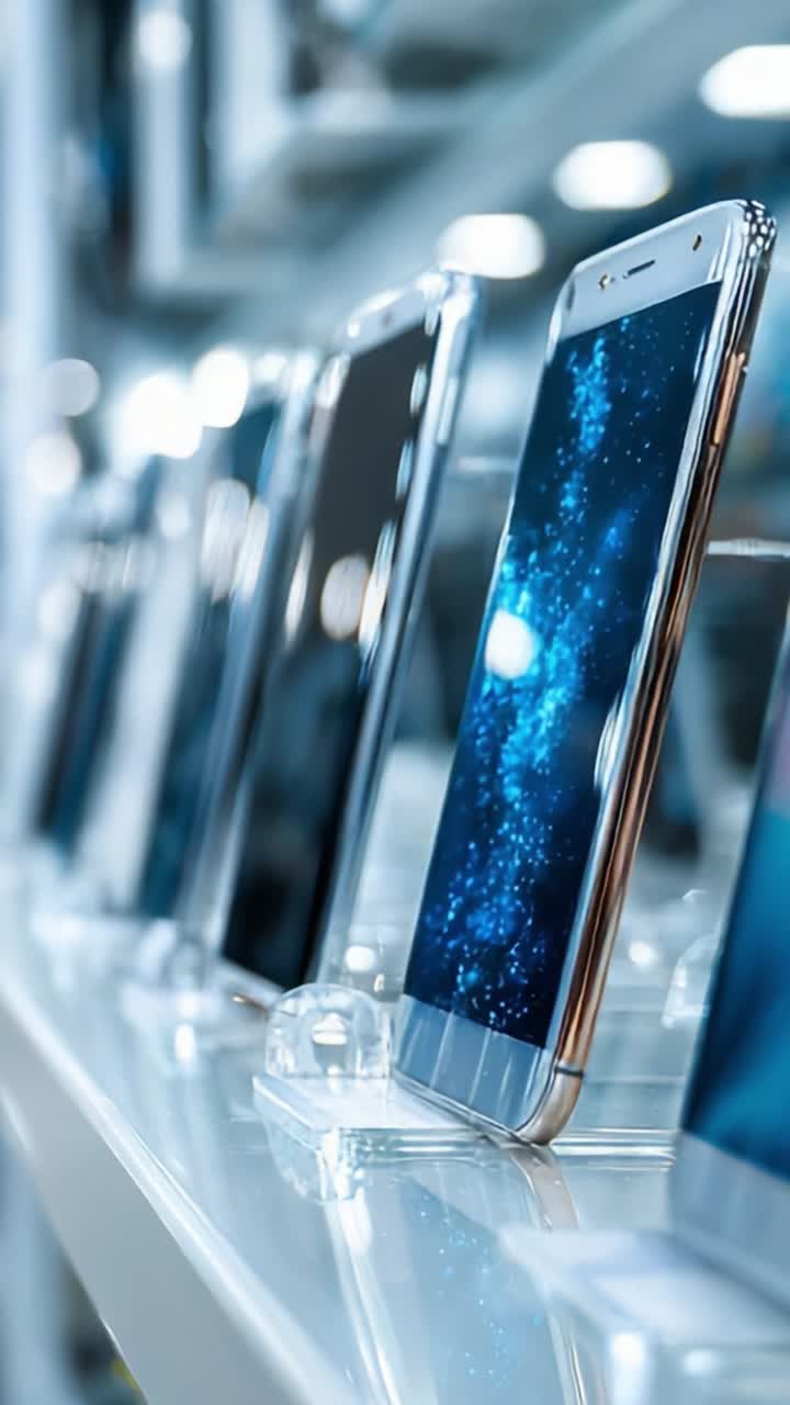 Eine Ausstellung moderner Smartphones mit elegantem Design und brillanten Bildschirmen in einem Technikgeschäft, die die neuesten Innovationen in der Mobiltechnologie hervorhebt