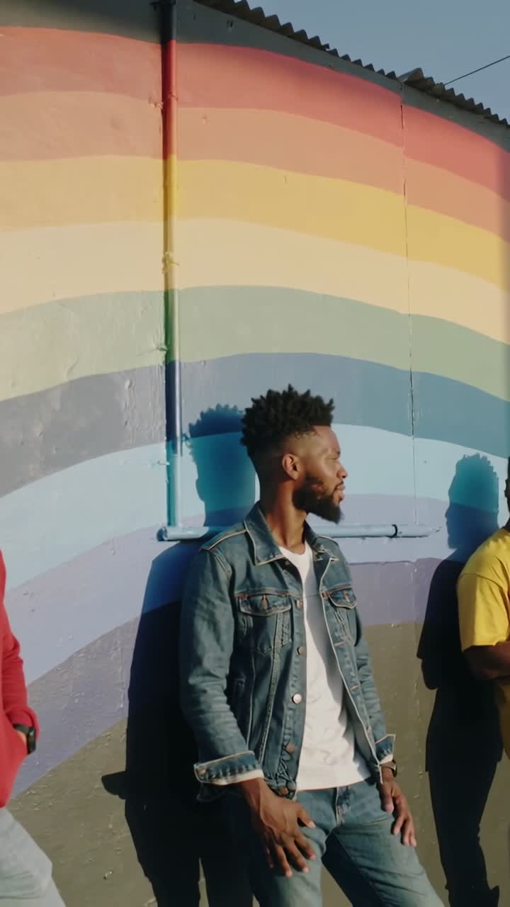 Three Young Black Men Standing by a Vibrant Rainbow Wall