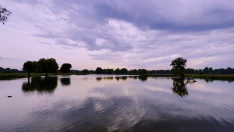 Toma-De-Paisaje-Estático-De-Un-Lago-Con-Agua-En-Movimiento-En-Un-Parque-Tupido-En-Londres,-Inglaterra-Al-Atardecer