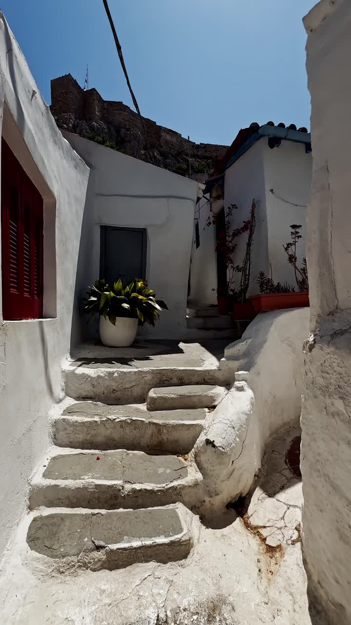 Narrow Whitewashed Alley in Anafiotika Neighborhood Athens