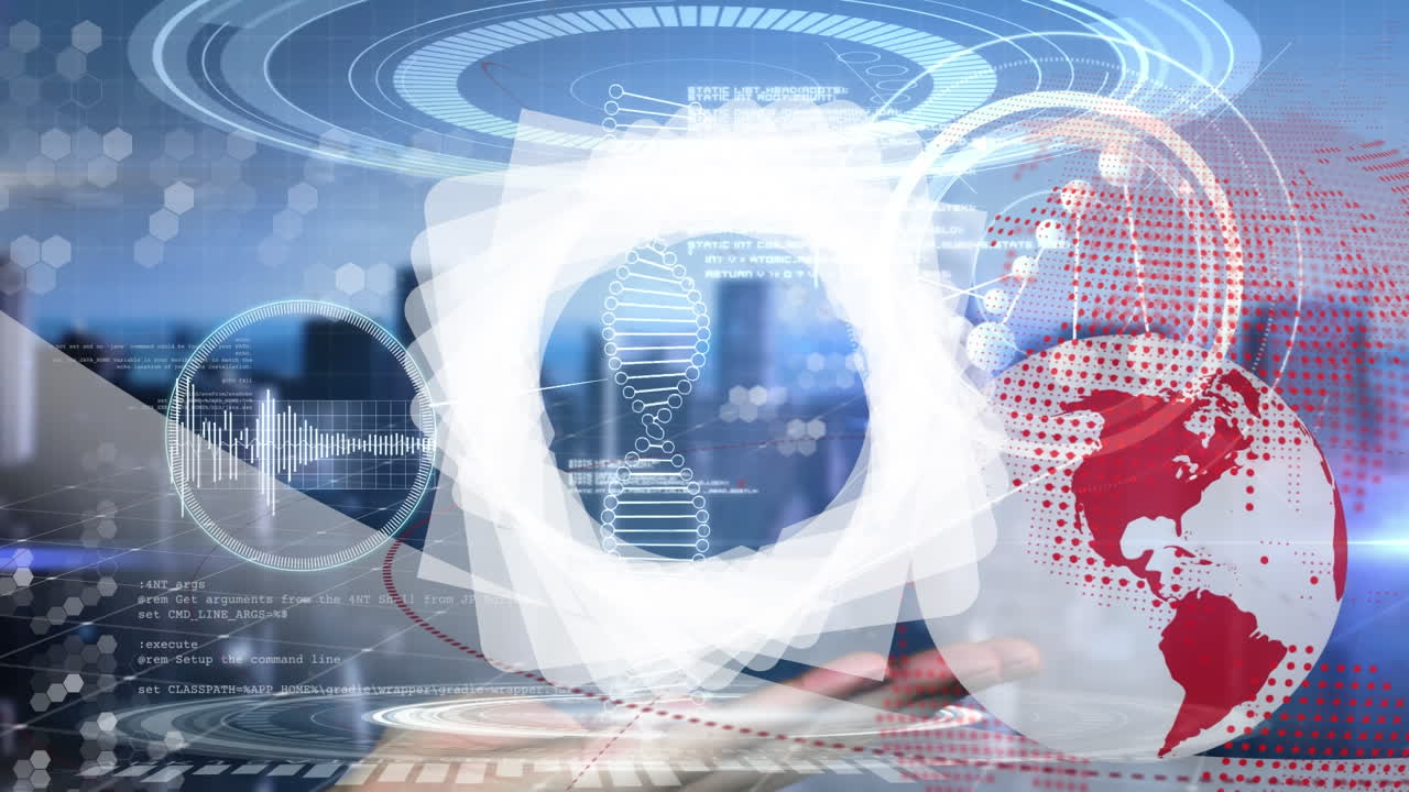 dna, 회전하는 모양, 지구, 분자 및 도시 풍경의 애니메이션