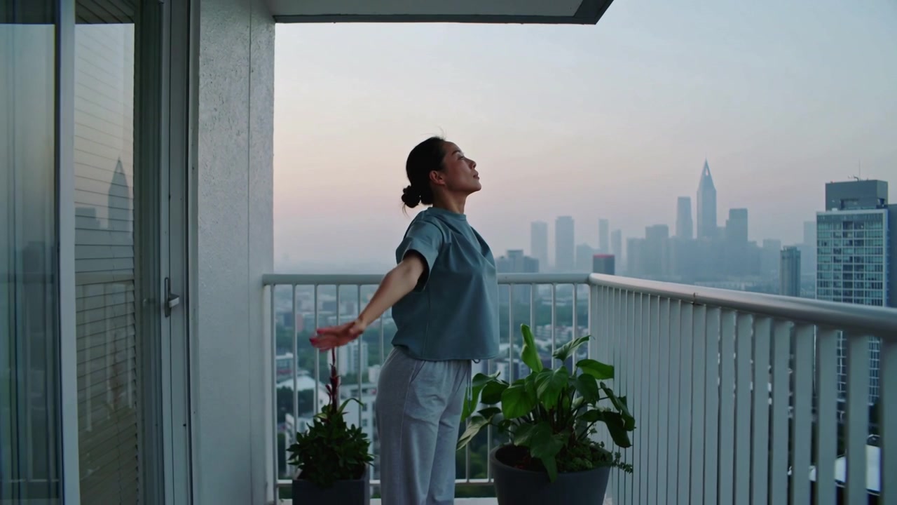 Le lever du soleil illuminant une femme asiatique en tenue décontractée faisant des étirements matinaux sur un balcon près de la balustrade, se pliant.