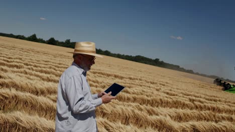 farmer using tablet in wheat field during harvest