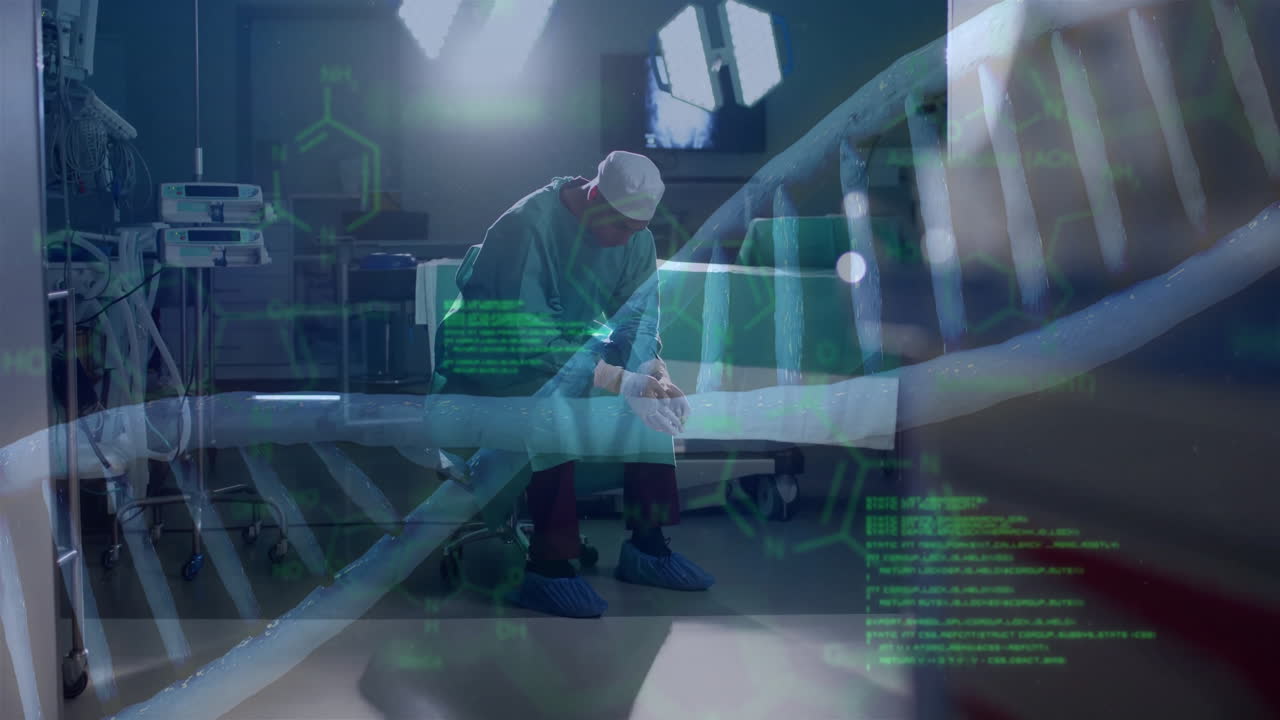 병원에서 백인 남성 외과 의사에 대한 dna 줄무 및 데이터 처리의 애니메이션