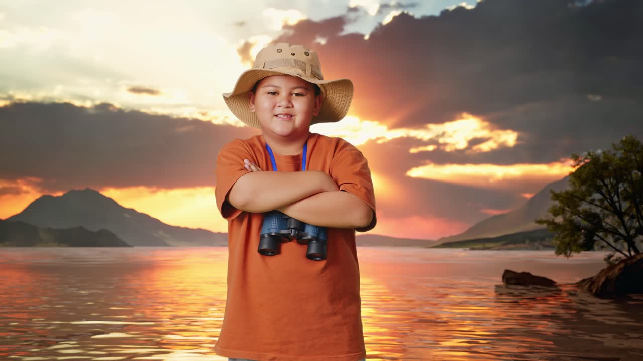 niño asiático con sombrero y binoculares cruzando los brazos y sonriendo a la cámara en un lago. niño investigador examina algo, concepto de aventura de turismo de viaje