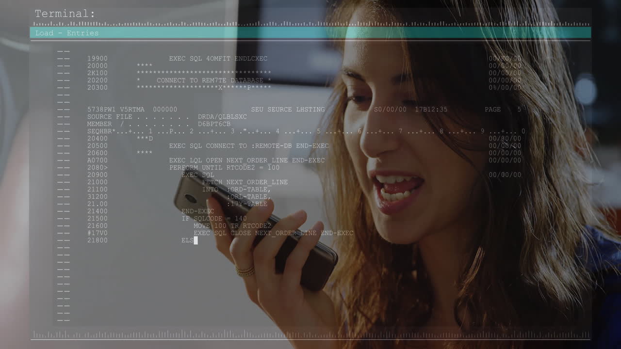 Speaking into phone with digital code overlay, woman suggesting tech communication