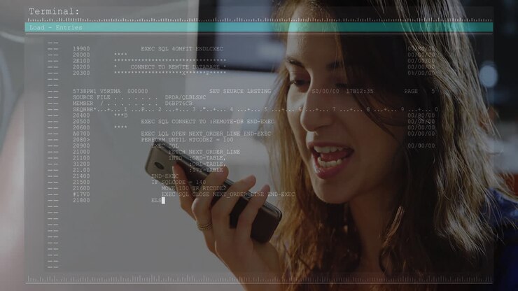 Speaking into phone with digital code overlay, woman suggesting tech communication