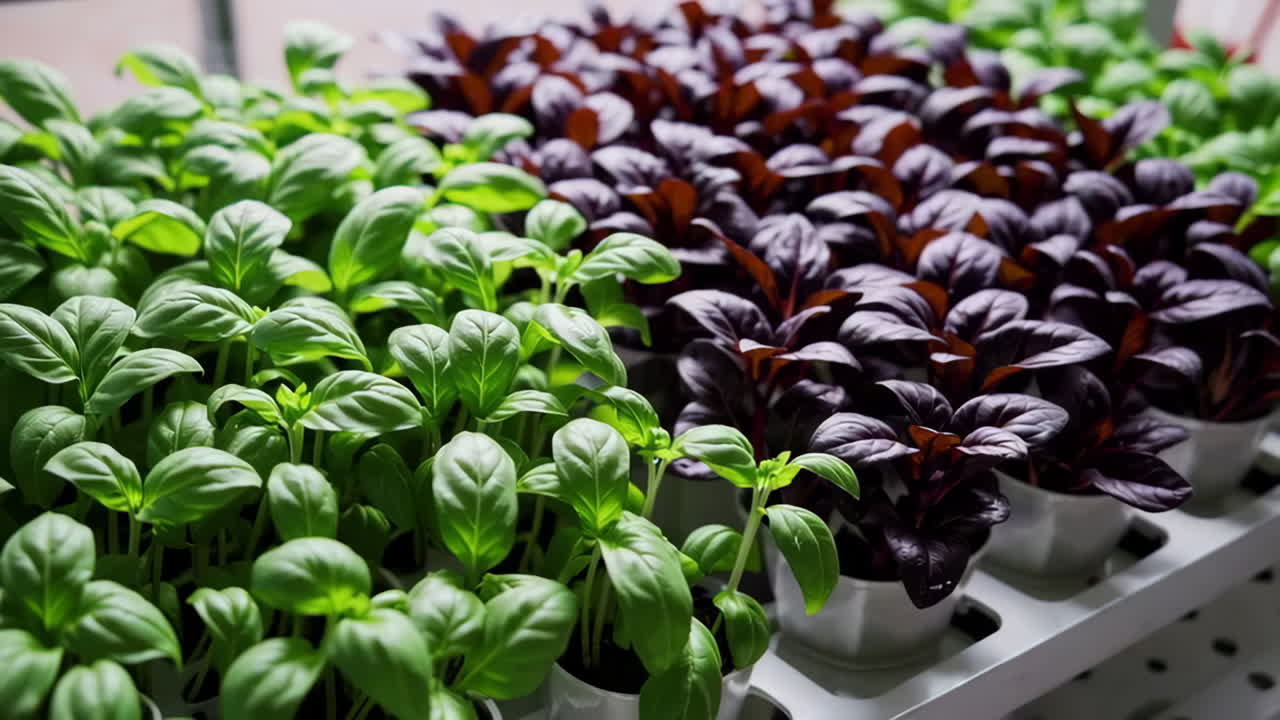 Close-up view of basil and reddish-purple leaves seedlings in a hydroponic system