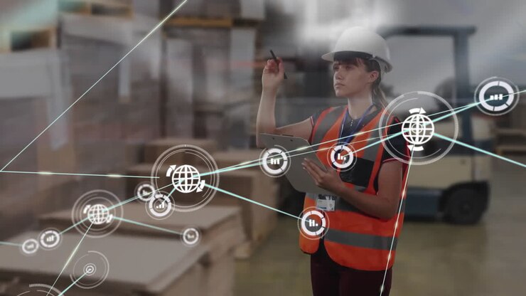 Animazione di rete di connessioni con icone di carrelli della spesa e donna birazziale in un magazzino