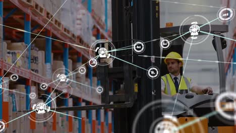 Animation-of-network-of-connections-with-icons-over-caucasian-man-working-in-warehouse