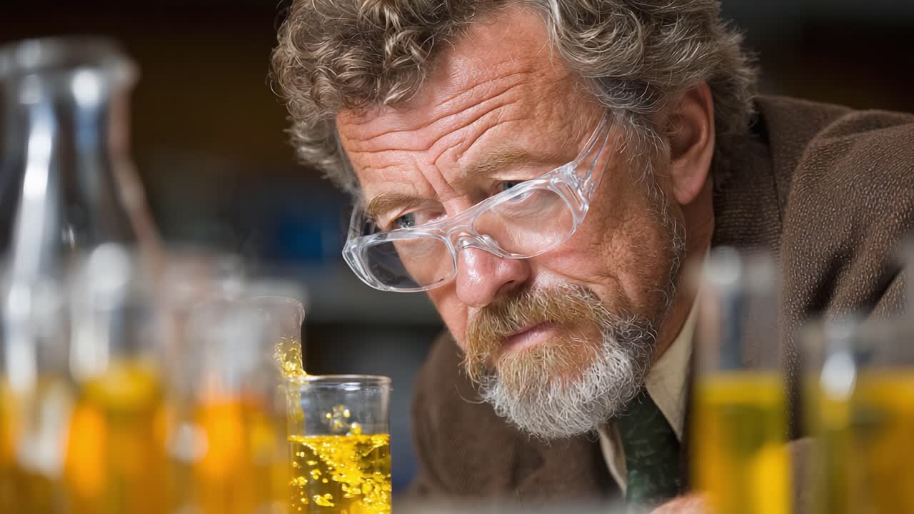 Focused Scientist Analyzing Samples in a Laboratory Setting Surrounded by Glassware Filled with Colorful Liquids, Showcasing Intricate Chemical Processes and Observations