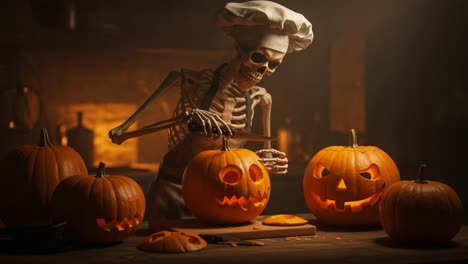 A Spooky Culinary Scene: A Skeletal Chef Carves Grinning Jack-O&#039;-Lanterns in a Dimly Lit Kitchen, Perfectly Capturing the Halloween Spirit