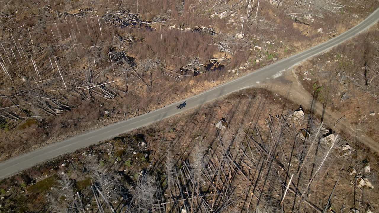 motociclista conduciendo a través de una gran área de incendios forestales en suecia