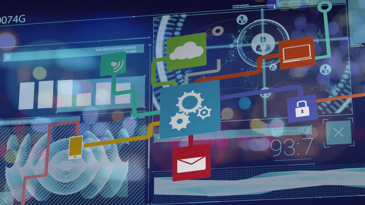 Animation of data processing over media icons