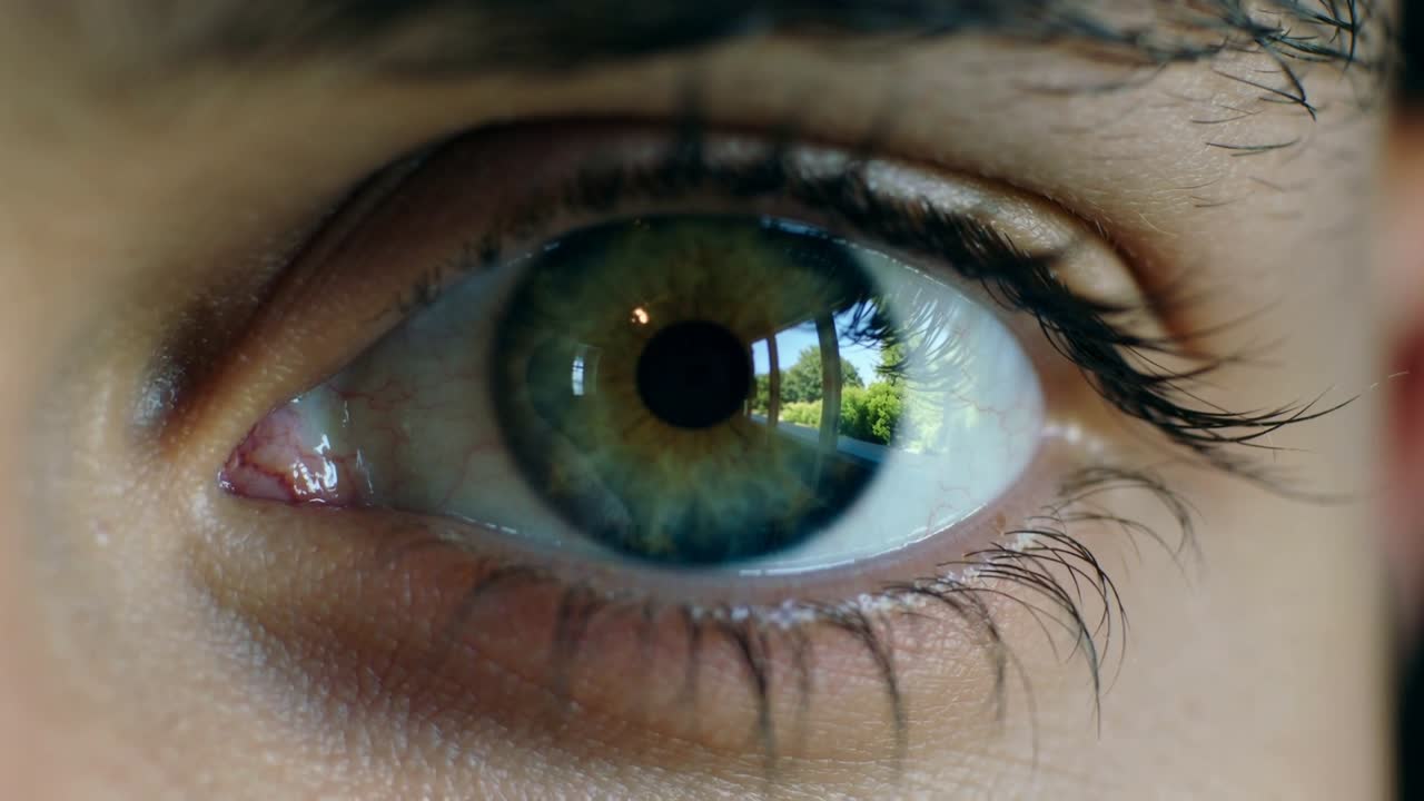 Telecamera che inquadra un occhio umano vicino a una finestra, con la pupilla che fluttua e riflette il verde da una luce intensa.
