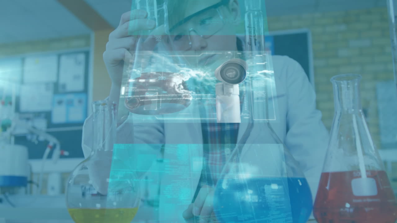 Conducting experiment, scientist with chemical flasks and data animation overlay