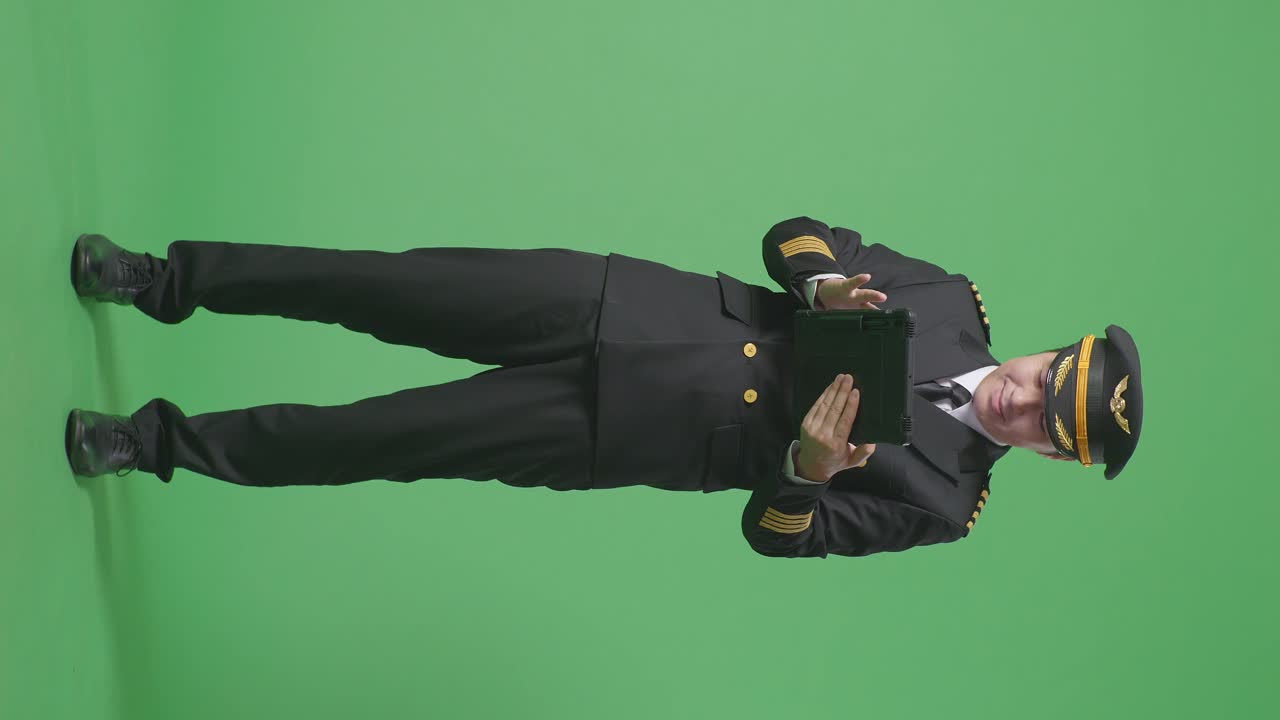 녹색 화면에서 태블릿을 사용하는 조종사