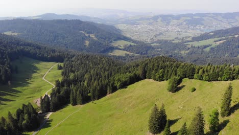 aerial panorama of peaceful alpine valley with hiking trails in switzerland