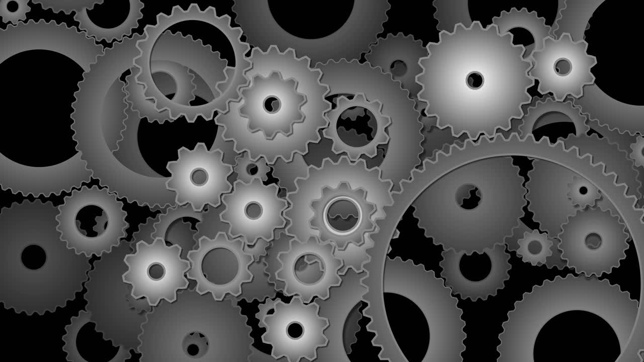 loopable rotating interlocking mechanical gears and cogs in various sizes and shades of gray and white set against a solid black background