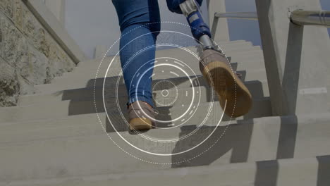 animation of scope scanning over woman with artificial limb walking up stairs