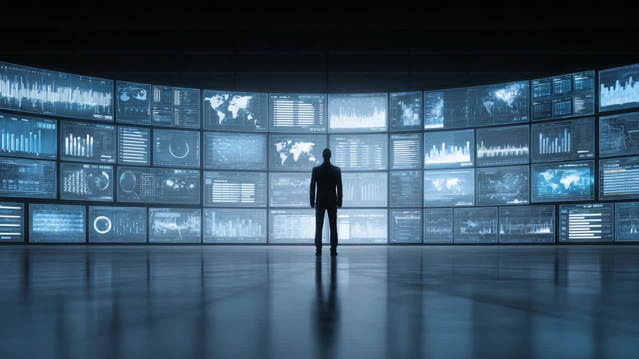 A Solemn Figure Stands Before a Vast Display of Data, Graphs, and Visualizations, Engaging in Insightful Analysis in a High-Tech Monitoring Environment