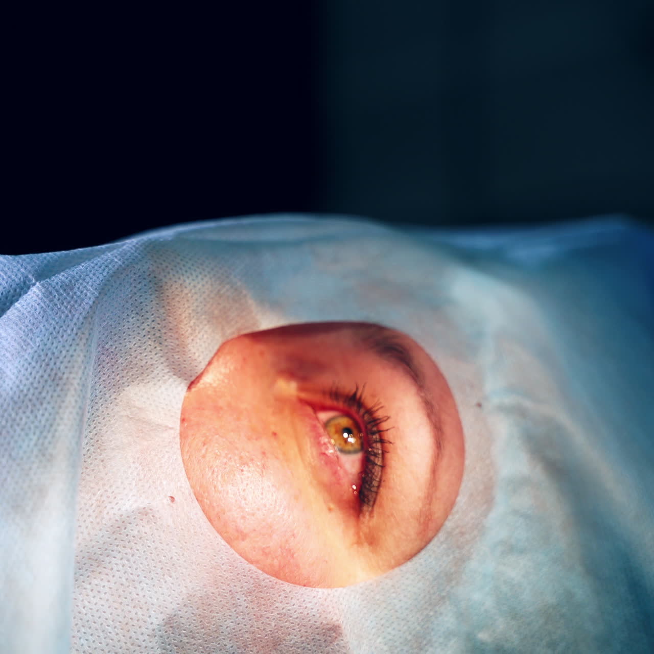 Ophthalmology operation. Surgeon's hands in gloves performing eye vision correction. Modern clinic and equipment. Selective video focus.