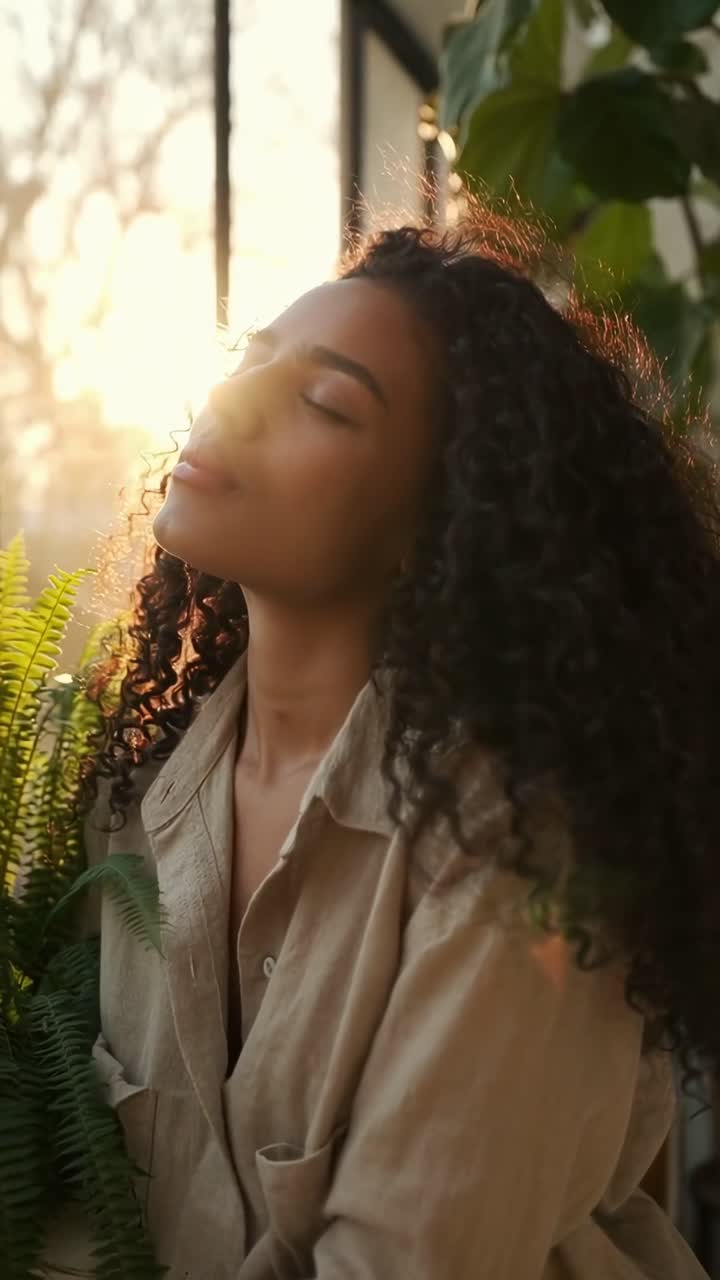 Vídeo sereno de uma mulher aproveitando a luz do sol, capturado ao nível dos olhos e cercada por plantas.