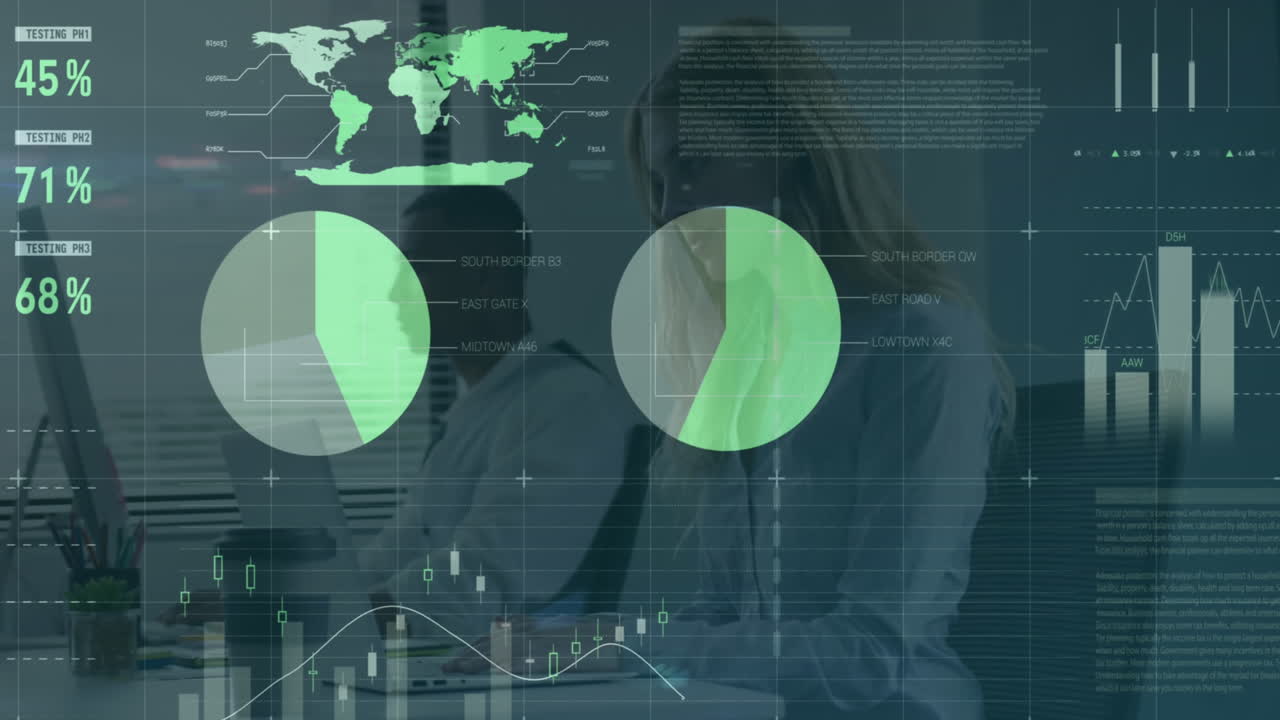 animación del procesamiento de datos estadísticos contra la mujer caucásica que usa computadora portátil en la oficina