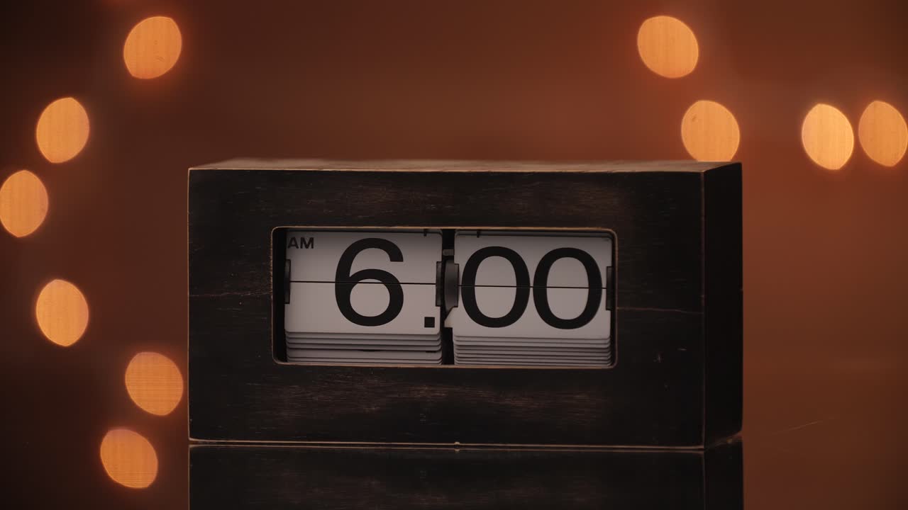 A retro flip clock flipping to 6:00 AM
