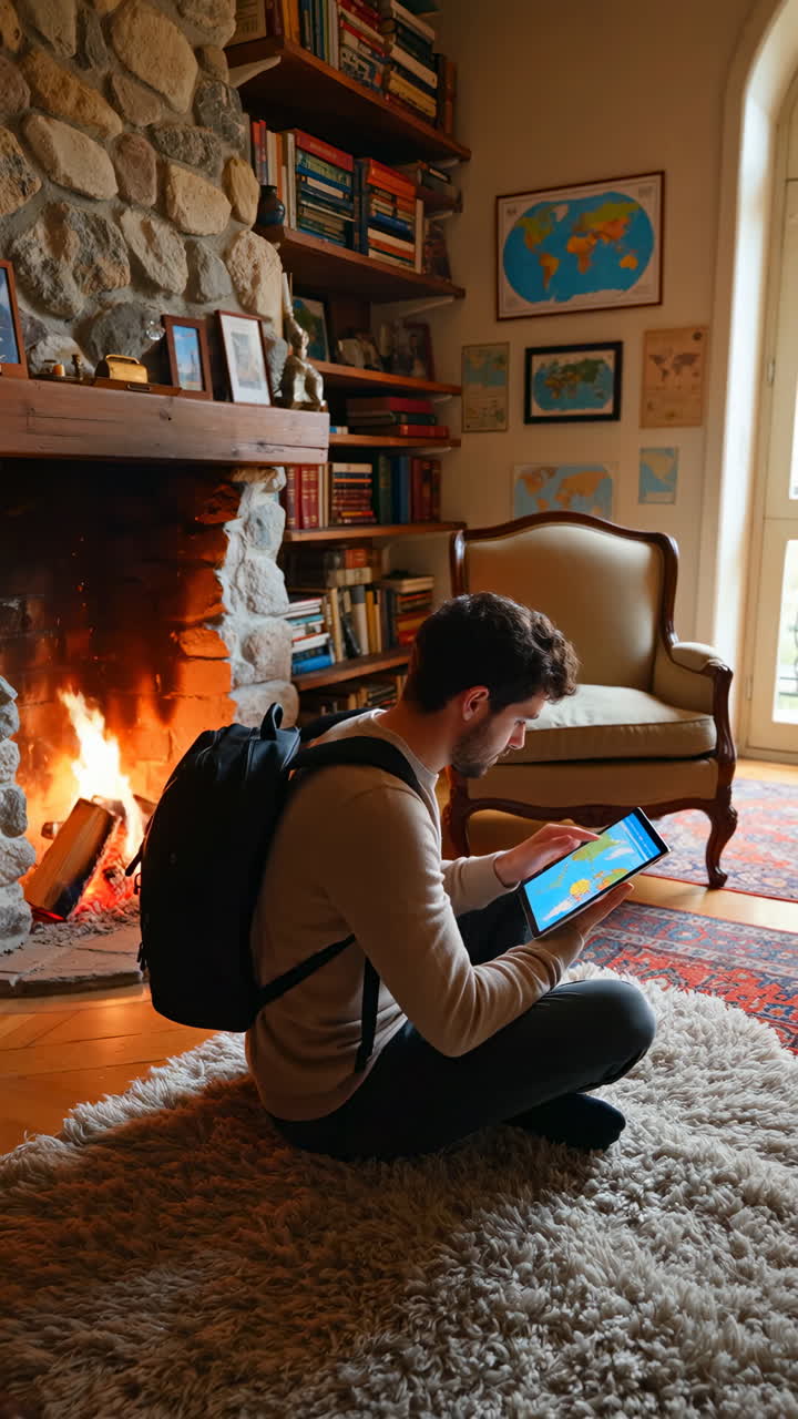 Man with backpack using tablet with map in cozy living room by fireplace