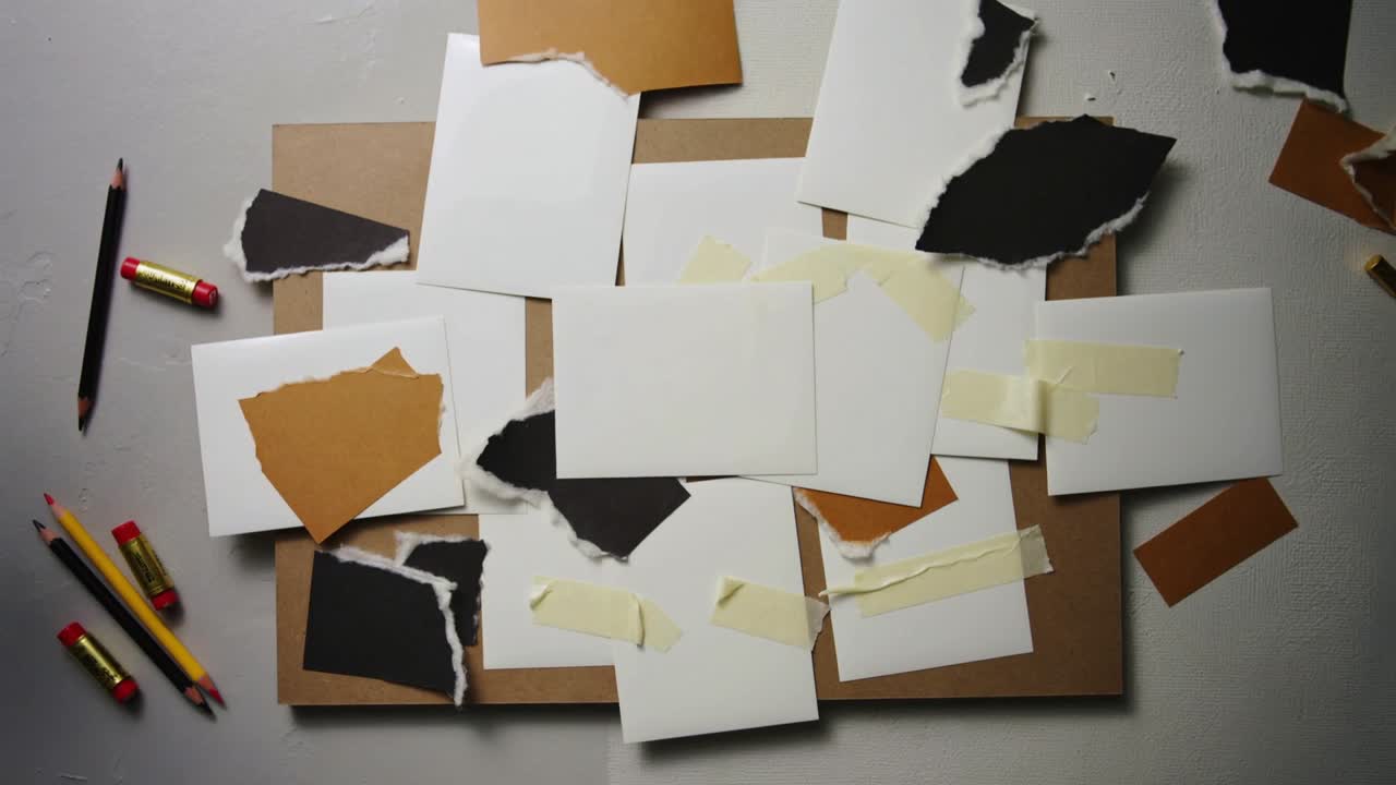 Falling torn fragments landing on brown board with white cards and tape after toss, forming collage