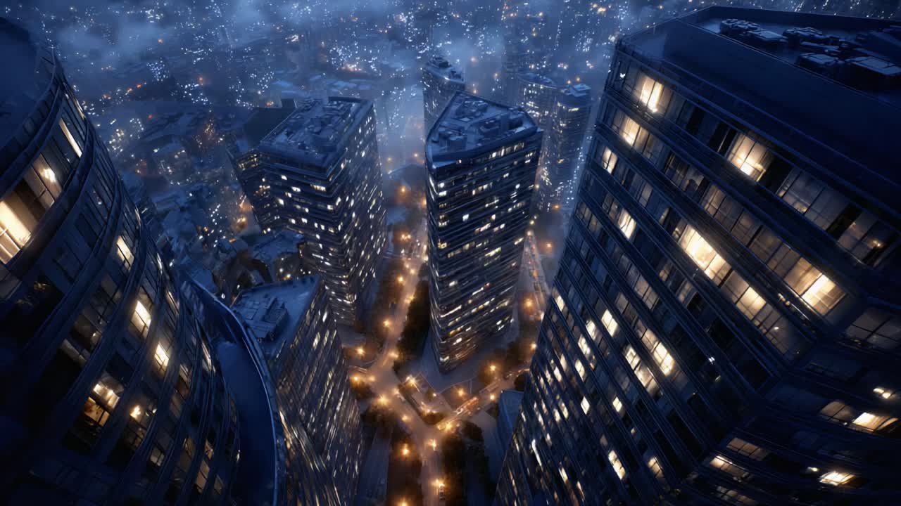 A breathtaking aerial view of a sprawling urban landscape at night, showcasing illuminated buildings and city streets, capturing the essence of city life under a starry sky