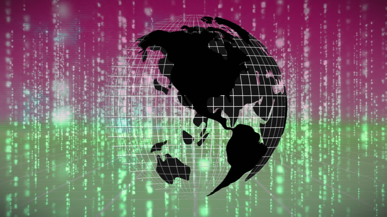 Animation of globe rotating over binary code in pink and green space