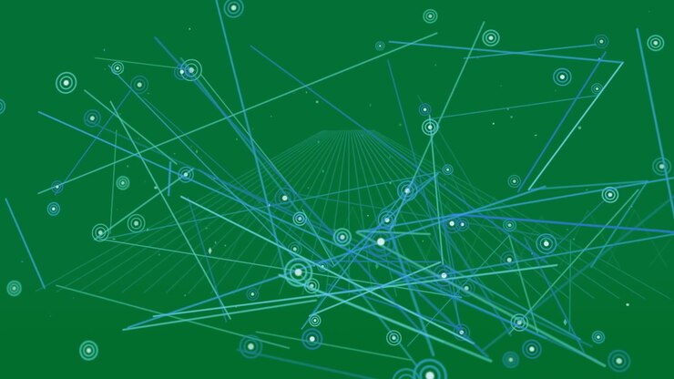Node pulses initiating network nodes expanding connecting showing cyan-blue data on transparent bg