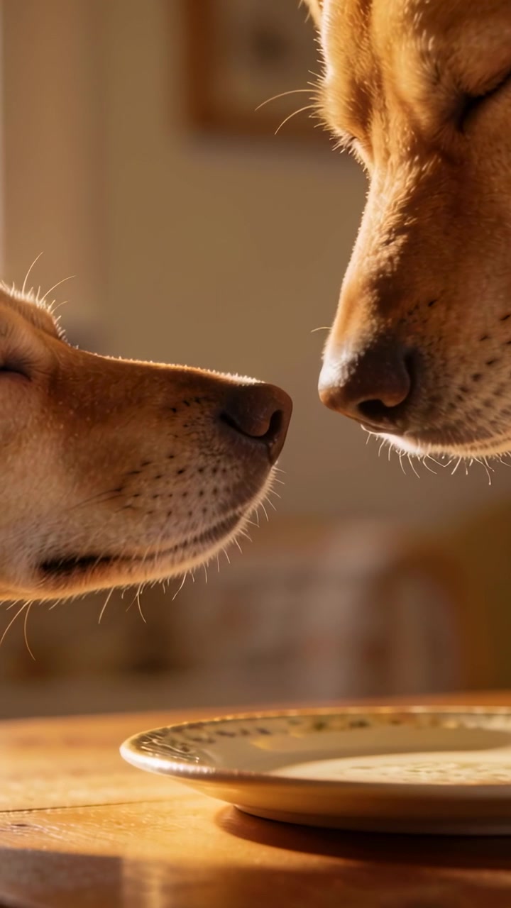 Vídeo vertical: Dois cães de cor caramelo cheirando um prato de cerâmica, aproximando os narizes na mesa e inspecionando o prato.