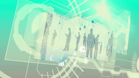interacting with digital data overlay and abstract animation, silhouettes of people