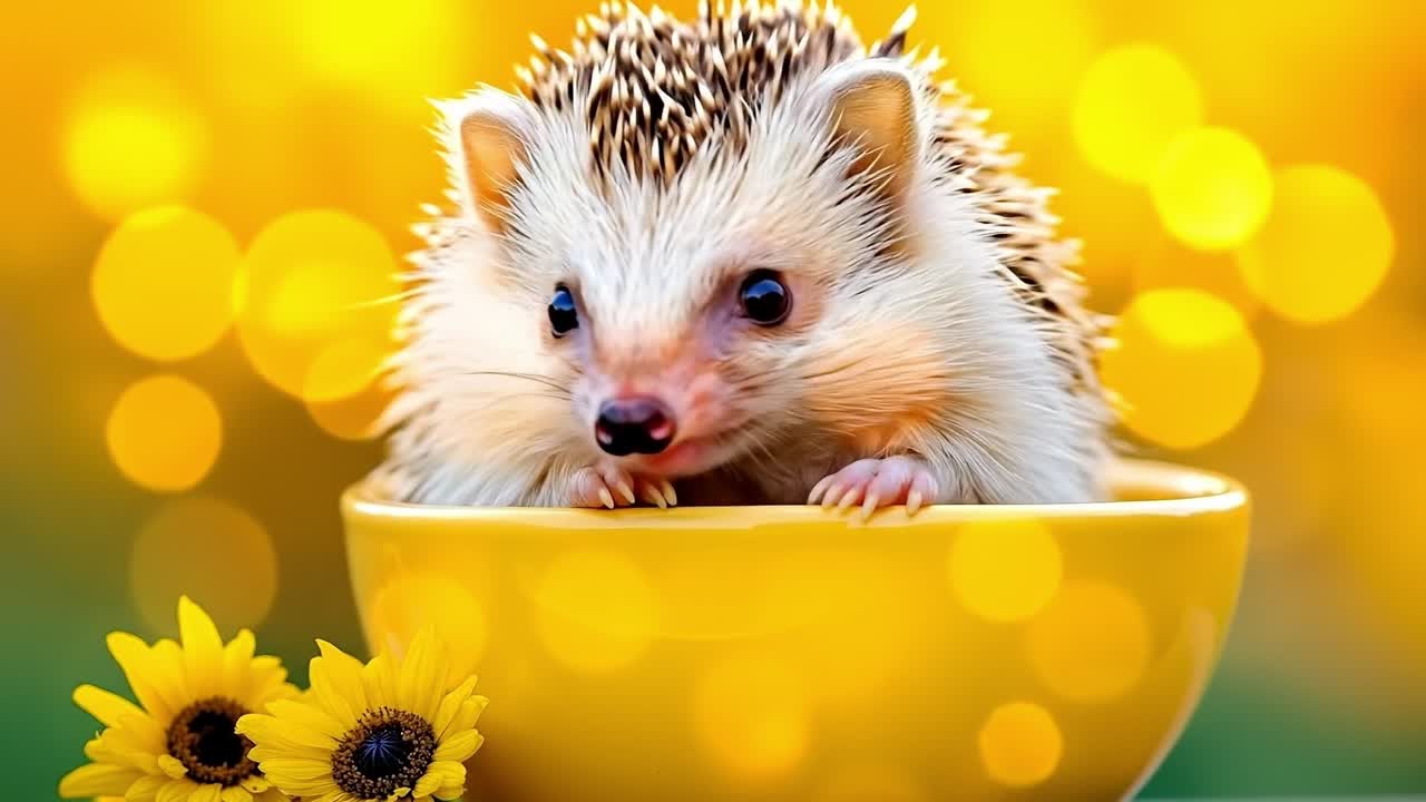 A small hedgehog sitting in a yellow bowl with sunflowers