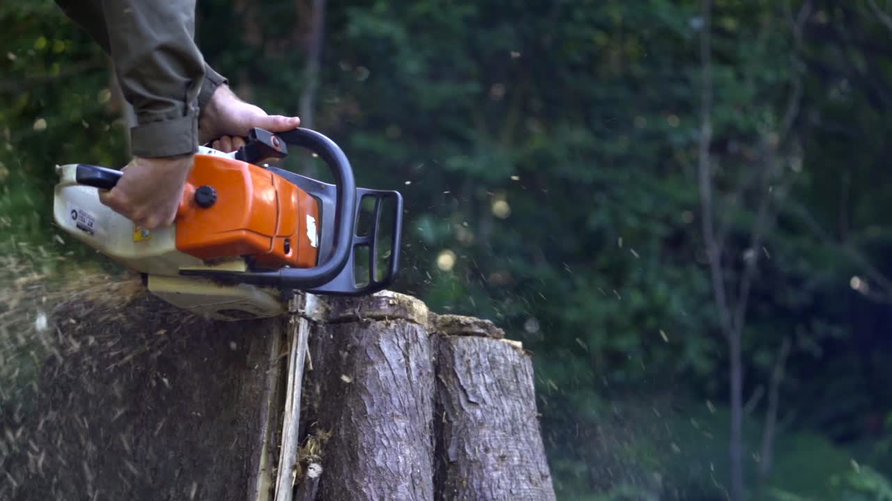 Man Cutting Wood with Chainsaw